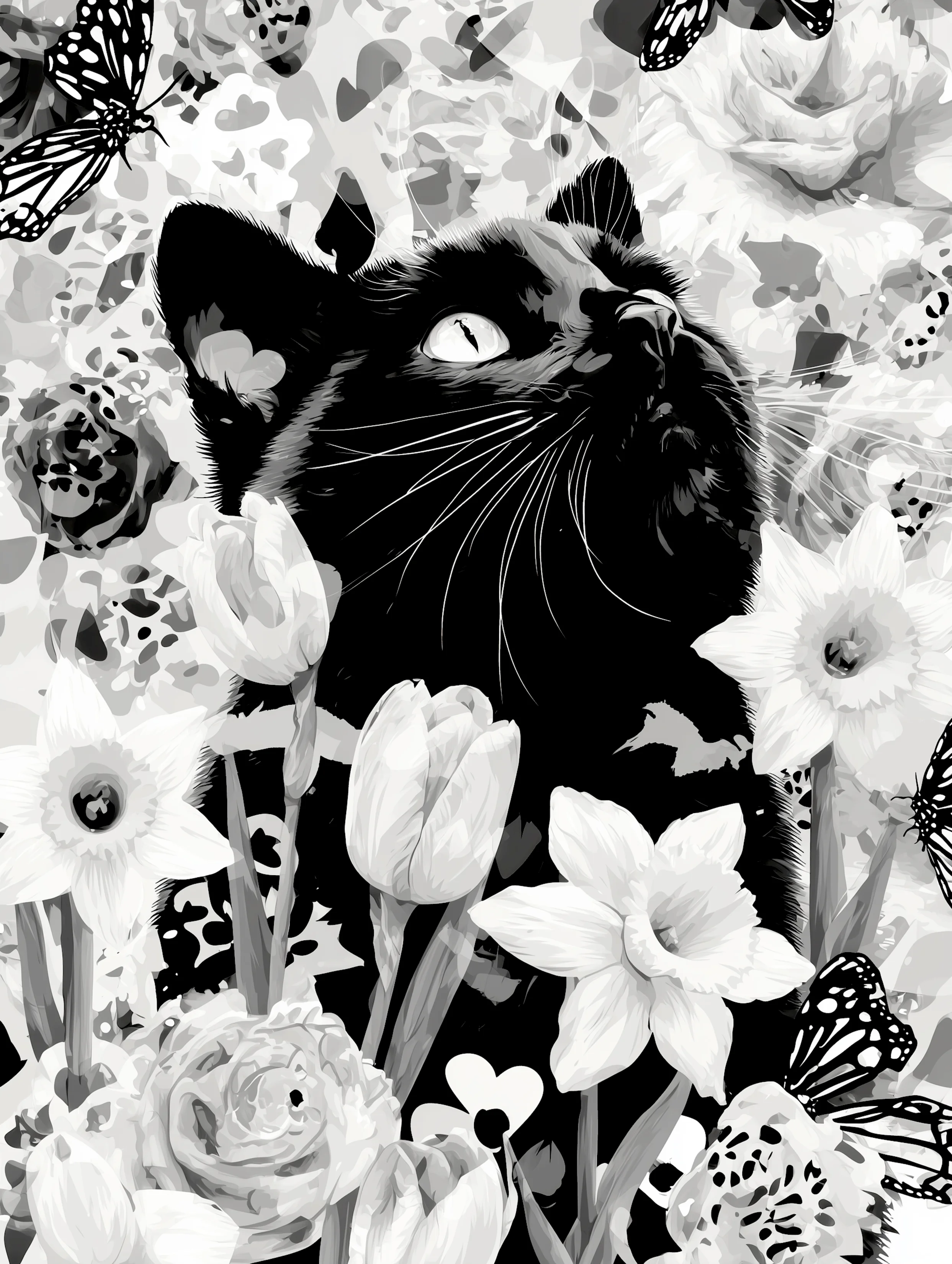 Free printable black cat coloring page for adults featuring daffodils black cat